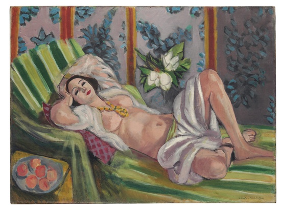 This photo provided by Christies Images Ltd. 2018 shows Henri Matisses Odalisque couch?e aux magnolias, part of the collection of oil-family scion David Rockefeller and his wife Peggy, which will auctioned by Christies Tuesday evening, May 8, 2018 in New York. The painting, which could sell for $50 million, breaking the sale record for the artist, will be auctioned along with hundreds of artworks including major paintings by Claude Monet, Pablo Picasso and works by American artists such as Edward Hopper and Georgia OKeefe. (Christies Images Ltd. 2018 via AP)