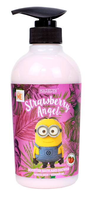 Minion Booster Shower Cream Strawberry Angel เป็นผลิตภัณฑ์อาบน้ำที่มีกลิ่นหอมของผลไม้ ให้ฟองครีมนุ่มละเอียด ล้างออกง่าย ขนาด 500 มล. ราคา 259 บาท จาก Madelyn