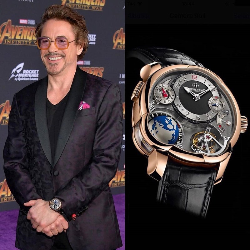 นักแสดงผู้ปลุกไอรอนแมนให้กลับมาผงาดอีกครั้งอย่าง Robert Downey Jr. นั้นเลือกสวมนาฬิกา Greubel Forsey รุ่น GMT Tourbillon ที่มีลูกโลกคอยเคลื่อนหมุนไปตามเวลาจริงบนหน้าปัด ราคาอยู่ที่ 605,000 $ หรือราว 18.9 ล้านบาท 