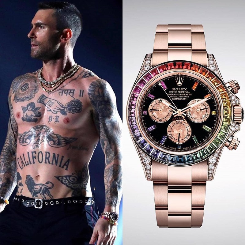 Adam Levine หัวหอกแห่งวง maroon 5 ดูจะเป็นศิลปินอีกคนที่ชื่นชอบนาฬิกา Rolex เป็นพิเศษ โดยเรือนที่เขาใส่ประจำก็คือ Rolex  Daytona with Rainbow bezel เป็นทอง 18k สี Rose Gold ราคาอยู่ที่ 280,000 $ หรือราว 8.8 ล้านบาท 