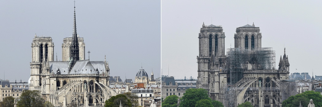 เปรียบเทียบภาพถ่ายอาสนวิหารน็อทร์-ดาม ในกรุงปารีสซึ่งถ่ายไว้เมื่อ 28 มี.ค.2014 (ภาพซ้าย) กับสภาพเมื่อ 16 เม.ย. 2019 (ภาพขวา) ภายหลังประสบอัคคีภัยจนได้รับความเสียหายอย่างหนัก