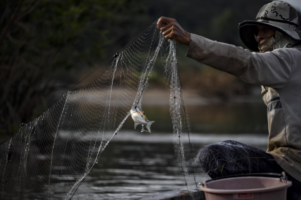 ชาวประมงจับปลาในแม่น้ำโขง บริเวณ อ.สังคม จ.หนองคาย  (LILLIAN SUWANRUMPHA / AFP)