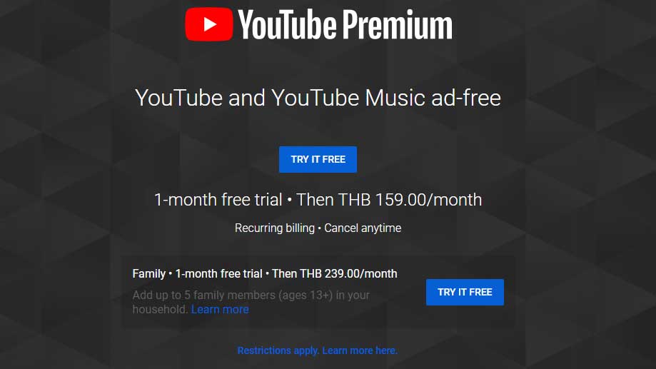 YouTube Premium ไทยสนนราคา 159 บาทต่อเดือน เบื้องต้นเปิดให้ทดลองใช้ฟรีนาน 1 เดือน