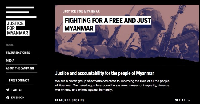 หน้าเว็บไซต์ Justice for Myanmar. 