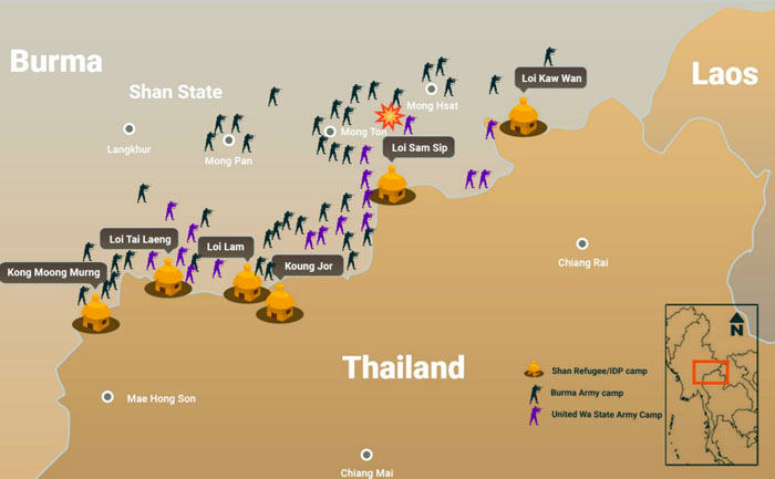 ที่ตั้งค่ายพักพิงผู้ลี้ภัยสงคราม 6 แห่ง บริเวณชายแดนไทย-รัฐชาน (ภาพจากเพจ Shan State Refugee Committee)