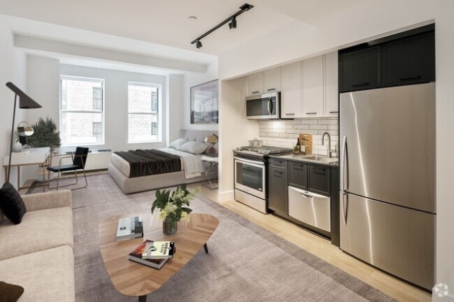 ตัวอย่างสตูดิโออะพาร์ตเมนต์ในนิวยอร์ก (ญี่ปุ่นจะเรียกว่า 1R)  พื้นที่ 36.5 ตร.ม. ภาพจาก https://www.apartments.com 