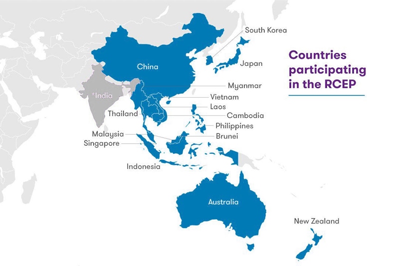 แผนที่แสดงประเทศต่างๆ ที่เข้าร่วม “อาร์เซ็ป” –ข้อตกลงการค้าเสรีซึ่งจะมีขนาดใหญ่ที่สุดในโลก
