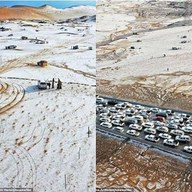 ผู้คนรวมตัวกันที่ Badr Governorate ทางตะวันตกเฉียงใต้ของเมืองเมดินา มองเห็นรถยนต์ที่ต่อคิวยาว (ขวา)