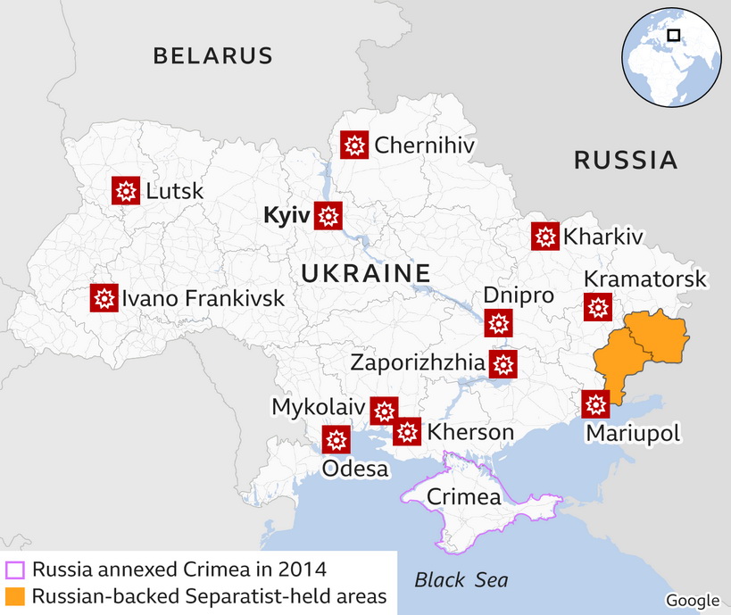 แผนที่ยูเครน แสดงเมืองสำคัญๆ โดยเฉพาะทางภาคตะวันออกและภาคใต้
