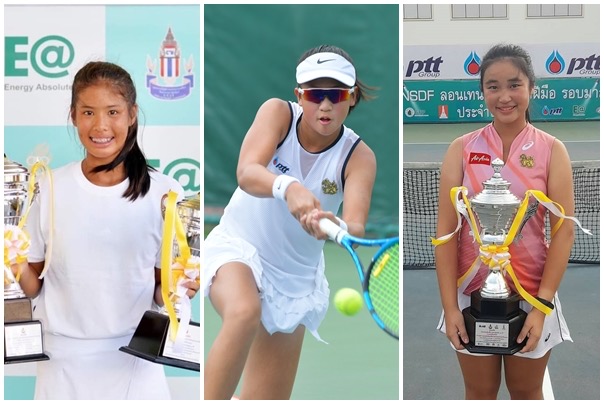 นักเทนนิสเยาวชนทีมชาติไทย รุ่นอายุไม่เกิน 14 ปี หญิง จากซ้าย ธฤตา หงษ์หยก, ณัฐรดา สกุลวงศ์ธนา และ พรนภัส หงส์จำรัสศิลป์