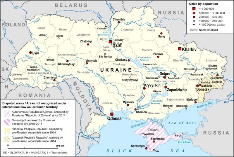 แผนที่ยูเครน แสดงเมืองสำคัญๆ  (จากวิกิคอมมอนส์)