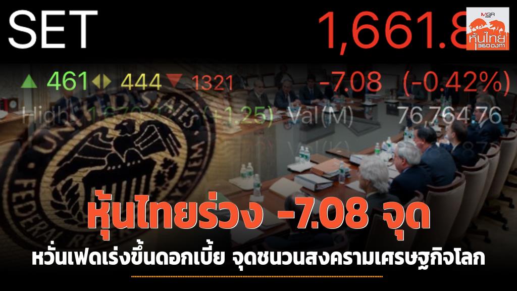 หุ้นไทยร่วง -7.08 จุด หวั่นเฟดเร่งขึ้นดอกเบี้ย จุดชนวนสงครามเศรษฐกิจโลก