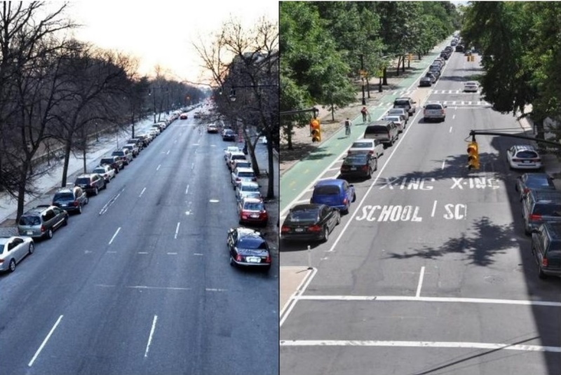 ภาพจากสถานที่จริงในกรุงนิวยอร์กซิตี้: เทศบาลนครนิวยอร์กจัดทำช่องทางรถจักรยานขึ้นในถนนสายหลักจำนวนมาก ได้แก่ ภาพทางขวา ซึ่งถูกปรับให้เปลี่ยนไปจากเดิมในภาพทางซ้าย อันเป็นภาพยุคที่ถนนทั้งหมดถูกครอบครองโดยรถยนต์ คุณภาพชีวิตที่ดีขึ้นของคนเดินถนนเป็นผลงานของอดีตนายกเทศมนตรีนครนิวยอร์กอย่าง นายกฯ ไมเคิล บลูมเบิร์ก กับนายกฯ บิล เดอ บลาซิโอ ที่ปรับโฉมยกเครื่องแนวคิดการใช้พื้นที่สาธารณะขึ้นใหม่ทั้งหมด โดยนำพาให้คนเดินถนนเป็นหนึ่งในกลุ่มเป้าหมายสำคัญที่ต้องได้รับประโยชน์จากการแบ่งปันพื้นที่สาธารณะกันใหม่  (ภาพเผยแพร่ประชาสัมพันธ์ของฝ่ายขนส่งและคมนาคม สำนักงานเทศบาลนครนิวยอร์ก)