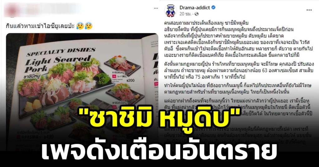 เปิบพิสดาร! "ซาชิมิ หมูดิบ" เพจดังเตือน ในไทยสุดอันตรายไข้หูดับ ยกต่างประเทศถึงตาย