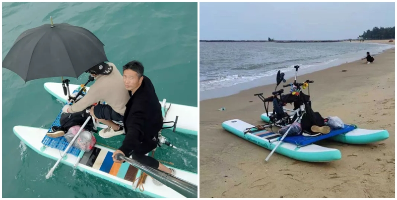 ชายจีน 2 คน ปั่น Water bike ข้ามคาบสมุทรกว่า 6 ชม. โดยไม่สวมเสื้อชูชีพ หวังประหยัดค่าเรือเฟอร์รี่ (ภาพจาก : Newtalk News และ Weibo)
