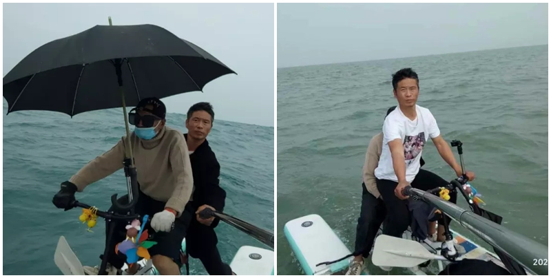 นายหานปั่นจักรยานน้ำ (ซ้าย) นายหยางปั่นจักรยานน้ำ (ขวา) (ภาพจาก : Newtalk News และ Weibo) 