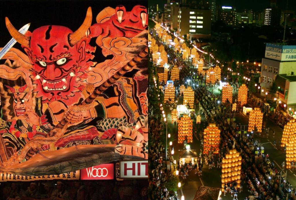 ซ้าย : โคมไฟยักษ์ในเทศกาลอาโอโมริเนบูตะ / ขวา : ขบวนแห่โคมไฟในเทศกาลอาคิตะคันโต