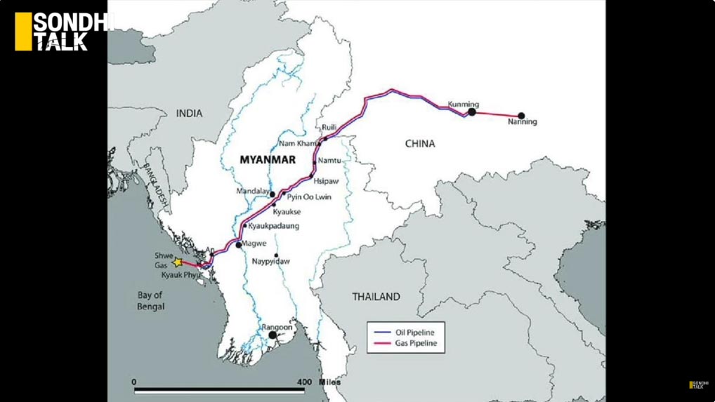 แผนที่เส้นทางท่อก๊าซและน้ำมันจากอ่าวเบงกอลของพม่าไปสู่พื้นที่ตอนใต้ของประเทศจีน