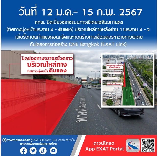 เลี่ยงได้เลี่ยง! 12 ม.ค.- 15 ก.พ. 67 ปิดเบี่ยงจราจรทางด่วน ไหล่ทางหลังด่าน ฯ พระราม 4 – 2 สร้างทางเชื่อม ONE Bangkok