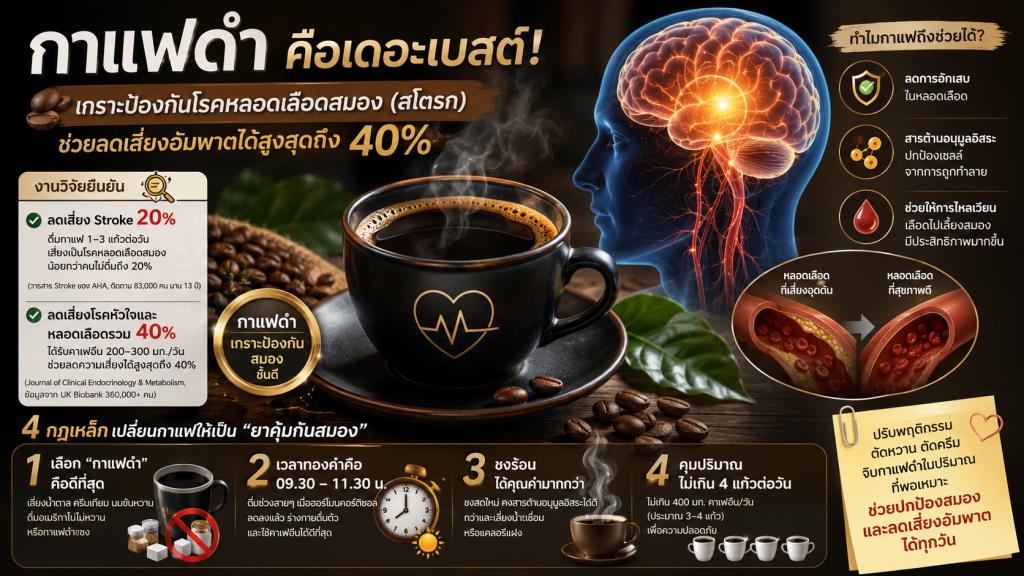 กาแฟดำ คือเดอะเบสต์! เกราะป้องกันโรคหลอดเลือดสมอง (สโตรก) ช่วยลดเสี่ยงอัมพาตได้สูงถึง 40%