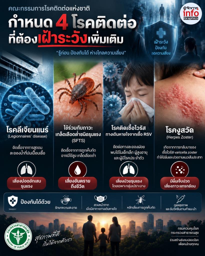 สธ. เพิ่ม 4 โรคเฝ้าระวัง! จับตา “ลีเจียนแนร์-SFTS-RSV-งูสวัด”
