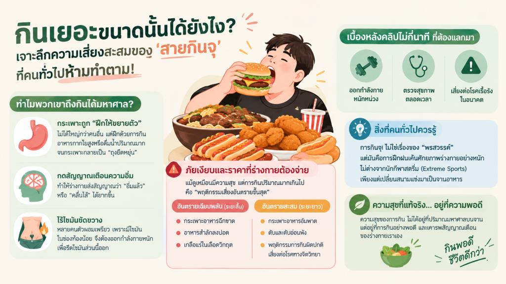 กินเยอะขนาดนั้นได้ยังไง? เจาะลึกความเสี่ยงสะสมของ 'สายกินจุ' ที่คนทั่วไปห้ามทำตาม!