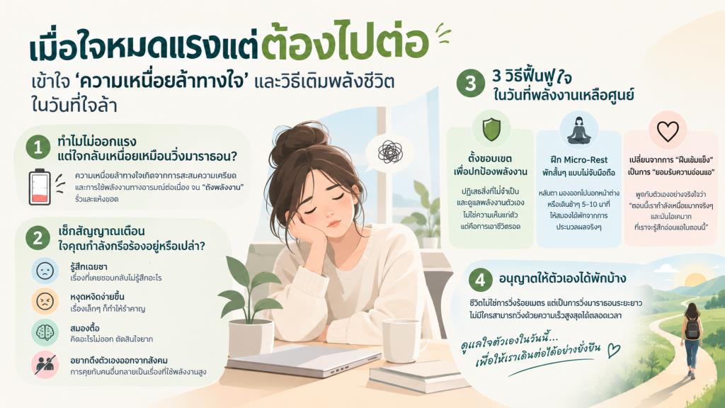 เมื่อใจหมดแรงแต่ต้องไปต่อ: เข้าใจ ‘ความเหนื่อยล้าทางใจ’ และวิธีเติมพลังชีวิตในวันที่ใจล้า