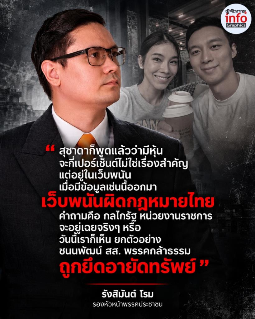 โรม จี้รัฐสอบสามี สุชาดา ถือหุ้นเว็บพนัน ชี้ 1% ไม่ใช่ประเด็น ถามกลไกรัฐจะนิ่งเฉยหรือไม่