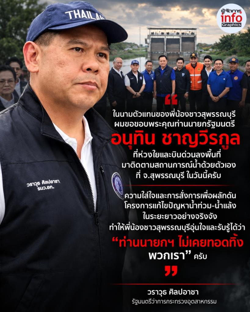 วราวุธ ขอบคุณ อนุทิน บินด่วนดูน้ำท่วมสุพรรณฯ ย้ำ “นายกฯ ไม่เคยทอดทิ้งพวกเรา”