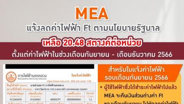 MEA แจ้งลดค่าไฟฟ้า Ft ตามนโยบายรัฐบาลเหลือ 20.48 สตางค์ต่อหน่วย