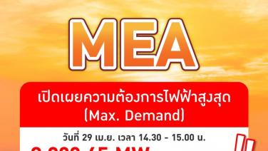 MEA เปิดเผยความต้องการไฟฟ้าสูงสุด (Max. Demand) ปี 67 ที่ 9,802.65 เมกะวัตต์ ทำลายสถิติสูงสุด