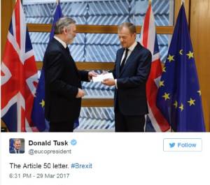 ด่วน!! “โดนัลด์ ทัสค์” รับหนังสือ BREXIT ลาออกจากอียูอย่างเป็นทางการแล้ว