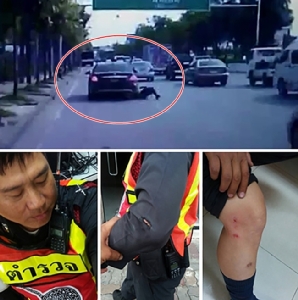 โซเชียลประณามคลิปเบนซ์ป้ายแดง ขับหนี ตร.ขณะเอื้อมมือรับเอกสารตรวจ ถูกลากไปไกลกว่า 10 เมตร (มีคลิป)