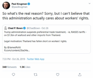 พอล ครุกแมน (Paul Krugman) นักเศรษฐศาสตร์ชาวอเมริกันเจ้าของรางวัลโนเบล ปี 2551 ทวีตข้อความว่า เขาไม่เชื่อว่าการที่รัฐบาลสหรัฐฯ ยกเลิกสิทธิพิเศษด้านภาษีหรือ GSP ที่มีต่อประเทศไทย จะเกี่ยวข้องกับเรื่องสิทธิแรงงานตามที่รัฐบาลสหรัฐฯ อ้าง