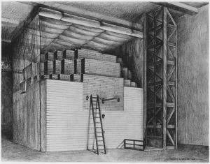 แผนภาพเตาปฏิกรณ์นิวเคลียร์เครื่องแรก โดย Enrico Fermi เพื่อสร้างปฏิกิริยาลูกโซ่ 