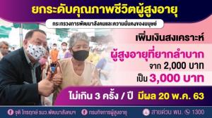 พม. เดินหน้านโยบายลดความเหลื่อมล้ำ เพิ่มเงินสงเคราะห์ผู้สูงอายุ ที่ยากลำบากเป็น 3,000 บาท ไม่เกิน 3 ครั้ง/ปี