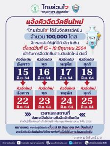 อัปเดตคิวฉีดวัคซีนโควิด-19 ของ “ไทยร่วมใจ” สำหรับผู้ที่ถูกเลื่อนจากคิวเดิม 15-18 มิ.ย. เป็น 22-25 มิ.ย.นี้
