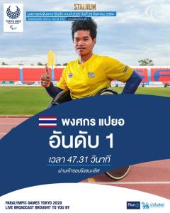 "พงศกร" ทุบสถิติพาราลิมปิก เข้าชิงเหรียญวีลแชร์ เรซซิง 400 เมตร T53