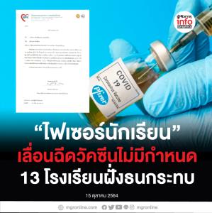 “ไฟเซอร์นักเรียน” เลื่อนฉีดวัคซีนไม่มีกำหนด 13 โรงเรียนฝั่งธนกระทบ