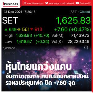 หุ้นไทยแกว่งแคบจับตามาตรการ ศบค.ผ่อนคลายปีใหม่ รอผลประชุมเฟด ปิด +7.60 จุด