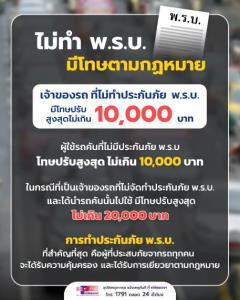 เตือนผู้ใช้รถใช้ถนน!!! หากนำรถที่ไม่มีประกันภัย พ.ร.บ.มาใช้ มีความผิดตามกฎหมาย ที่สำคัญเมื่อเกิดอุบัติเหตุ “ผู้ประสบเหตุจะไม่ได้รับความคุ้มครองตามกฎหมาย”