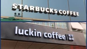 โลโก Luckin Coffee และ Starbucks แบรนด์กาแฟที่เป็นผู้เล่นใหญ่ในตลาดร้านกาแฟแดนมังกร (แฟ้มภาพรอยเตอร์)