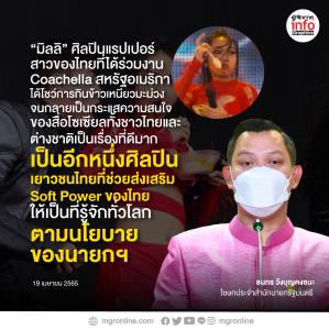 “ธนกร” เผย “มิลลิ”เป็นอีกหนึ่งศิลปิน  ที่ช่วยส่งเสริม Soft Power ตามนโยบายของนายกฯ