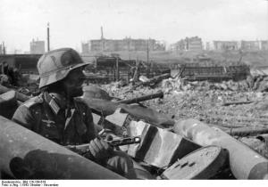 นายทหารเยอรมันมองอย่างมีอารมณ์เจ็บปวดในจิตใจ ไปที่ซากหักพังของโรงงานบาร์ริกาดี้ ในเมืองสตาลินกราด สหภาพโซเวียต เมื่อปี 1942  สตาลินกราดกลายเป็นสมรภูมิของการสู้รบครั้งสำคัญที่สุดครั้งหนึ่งของมหาสงครามโลกครั้งที่ 2  และถือเป็นสมรภูมินองเลือดที่สุดในประวัติศาสตร์แห่งการสงครามทั้งหลาย  (ภาพจากหอจดหมายเหตุสหพันธรัฐเยอรมนี Bundesarchiv)