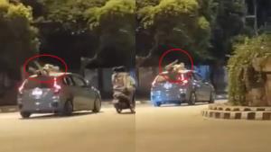 สมควรไหม! วัยรุ่นนอนบนหลังคา รถขับวนรอบวงเวียนบางแสน (ชมคลิป)