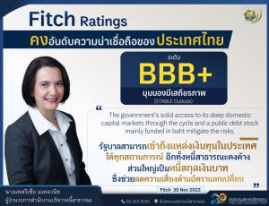 Fitch Ratings คงอันดับความน่าเชื่อถือของประเทศไทยที่ BBB+ และคงมุมมองความน่าเชื่อถืออยู่ในระดับมีเสถียรภาพ
