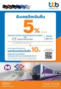 รฟม.-TTB ต่อโปรฯ บัตรเครดิต ออกตั๋วรถไฟฟ้า MRT รับเงินคืน 5% ถึง 31 ก.ค. 66