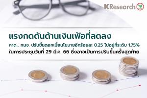ศูนย์วิจัยกสิกรไทยคาด กนง.ปรับขึ้นดอกเบี้ย 0.25% เงินเฟ้อชะลอ-หมดรอบดอกเบี้ยขาขึ้น