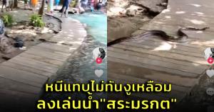 นาที! นักท่องเที่ยวหนีกระเจิง หลัง "งูเหลือม" ลงเล่นน้ำคลายร้อน "สระมรกต" (ชมคลิป)