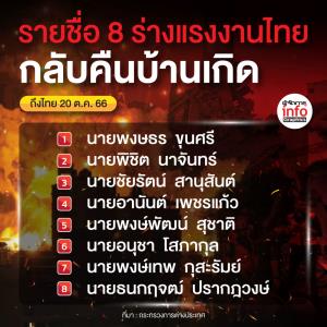 รายชื่อ 8 ร่างแรงงานไทย กลับคืนบ้านเกิด ถึงไทย 20 ต.ค. 66